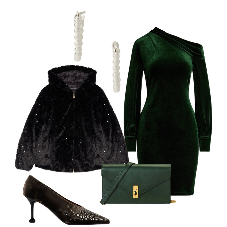 Outfit donna - Velluto verde avvolgente. Stile Chic per Serata fuori. Abbinamento con orecchini, clutch, vestiti asimmetrici, décolleté, blazer.