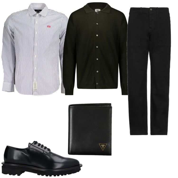 Outfit uomo - La camicia a righe. Stile Casual per Ufficio. Abbinamento con scarpe stringate, pantaloni, polo, camicie, portafogli.