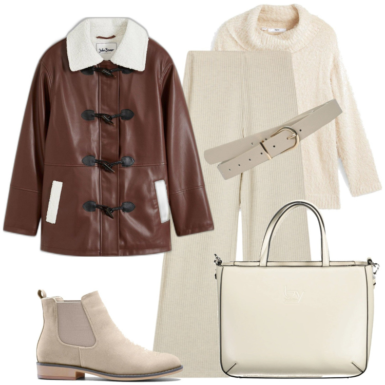 Outfit donna - Passeggiata in inverno. Stile Casual per Tutti i giorni. Abbinamento con stivaletti chelsea, maglieria, montgomery, pantaloni, cinture, borse a spalla.
