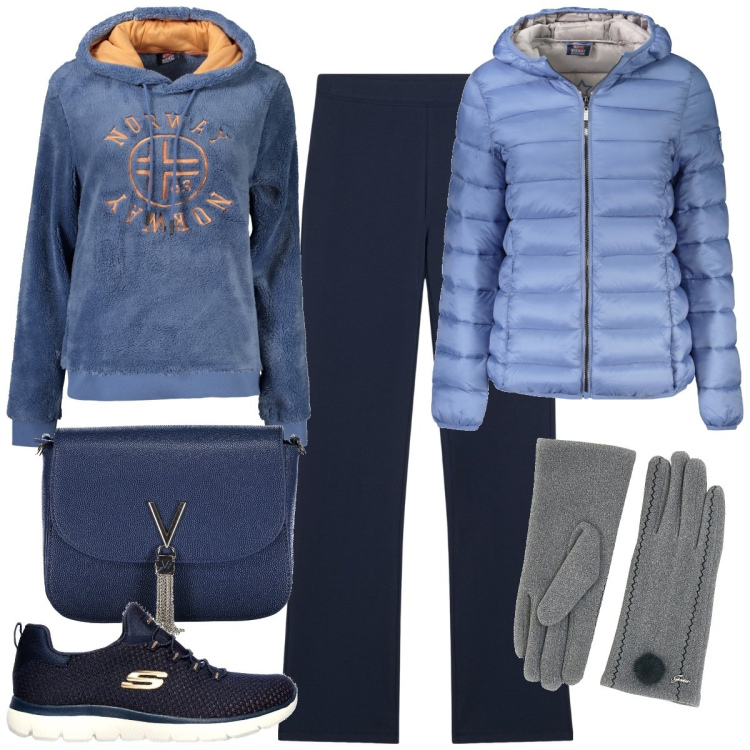 Outfit donna - Sporty-chic blu tutti i giorni. Stile Sporty chic per Tutti i giorni. Abbinamento con pantaloni, guanti, blazer, felpe con cappuccio, sneakers, borse a spalla.