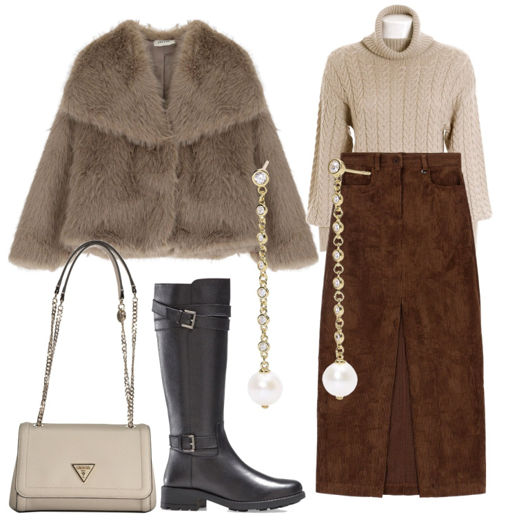 Outfit donna - Passeggiata in inverno. Stile Chic per Tutti i giorni. Abbinamento con stivali, orecchini, maglieria, gonne lunghe, ecopellicce, borse a spalla.