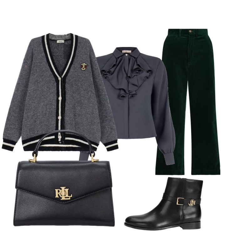 Outfit donna - In città. Stile Glamour per Tutti i giorni. Abbinamento con camicie, cardigans, borse a mano, stivaletti, pantaloni.