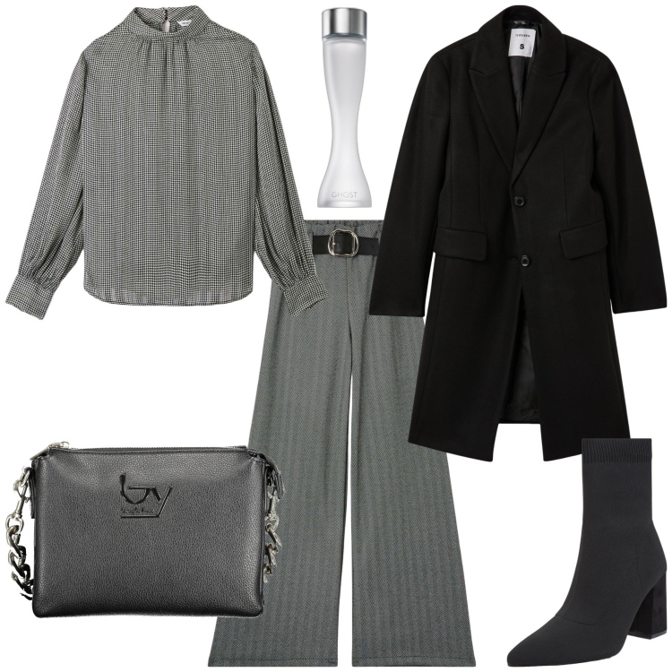 Outfit donna - Office and aperitif. Stile Trendy per Ufficio. Abbinamento con profumi, bluse, pantaloni, stivaletti, cappotti, borse a spalla.