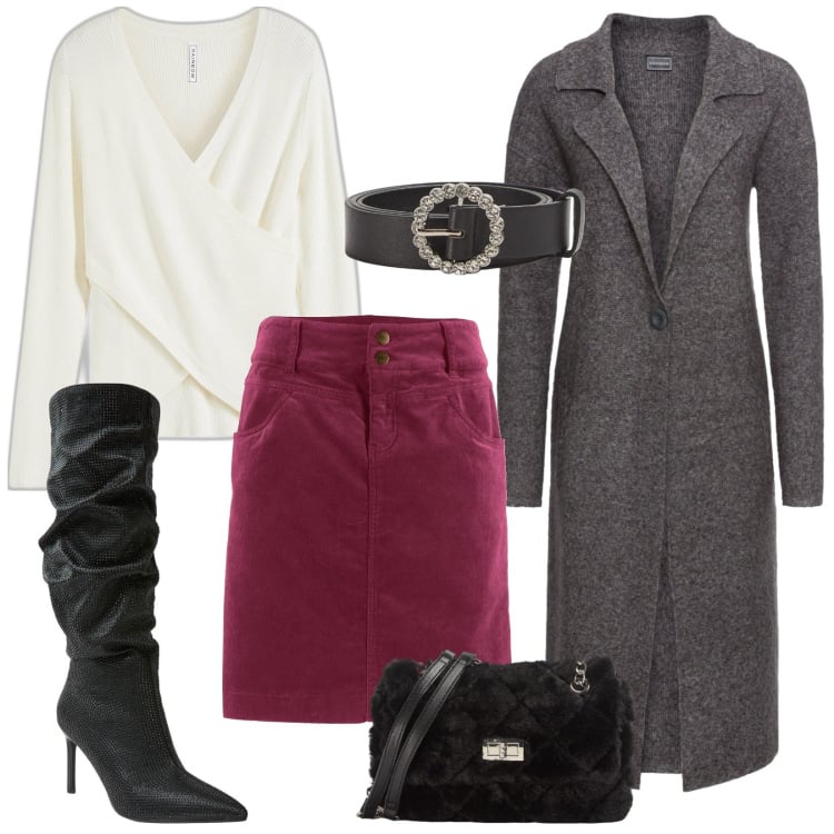 Outfit donna - Velvet Elegance: la gonna bordeaux. Stile Casual chic per Serata fuori. Abbinamento con gonne lunghe, maglieria, cappotti, stivali, borse a spalla, cinture.
