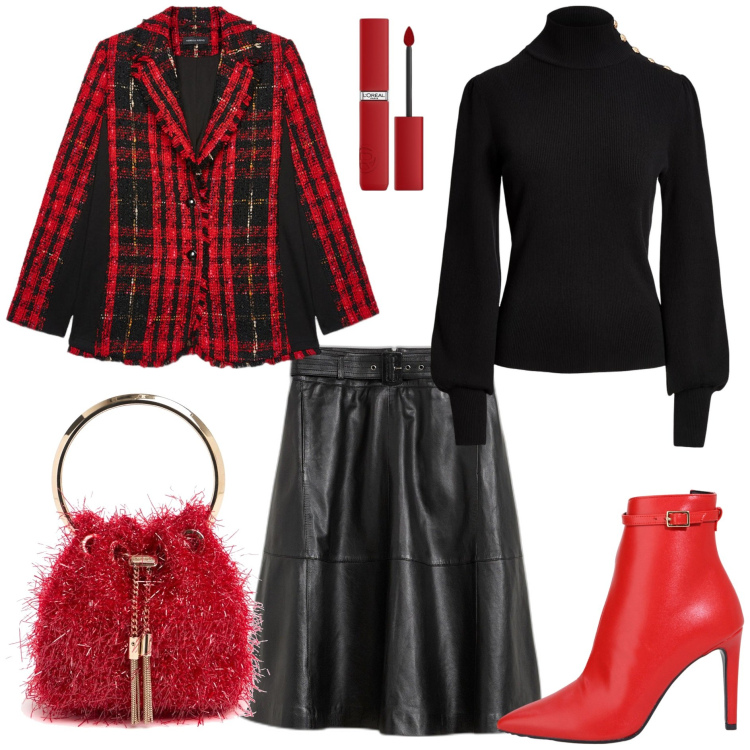 Outfit donna - Glam holidays. Stile Glamour per Tutti i giorni. Abbinamento con gonne, rossetti, stivaletti, maglieria, blazer, borse a spalla.