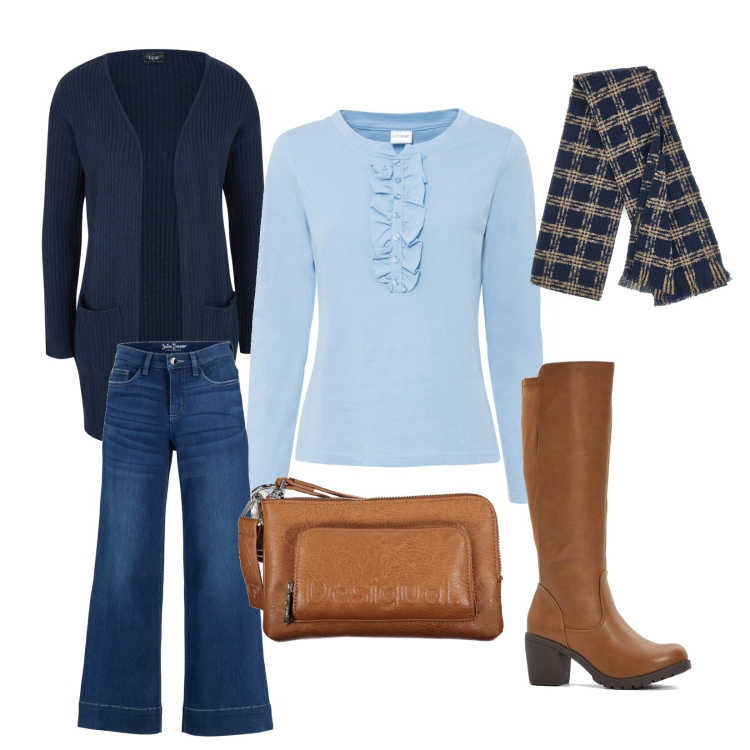 Outfit donna - Casual. Stile Casual chic per Ufficio. Abbinamento con jeans a zampa, cardigans, stivali, maglieria, sciarpe, borse a tracolla.