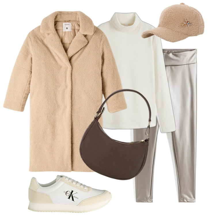 Outfit donna - Passeggiando in inverno. Stile Trendy per Tutti i giorni. Abbinamento con maglieria, leggings, cappotti, cappelli, borse a spalla, sneakers.