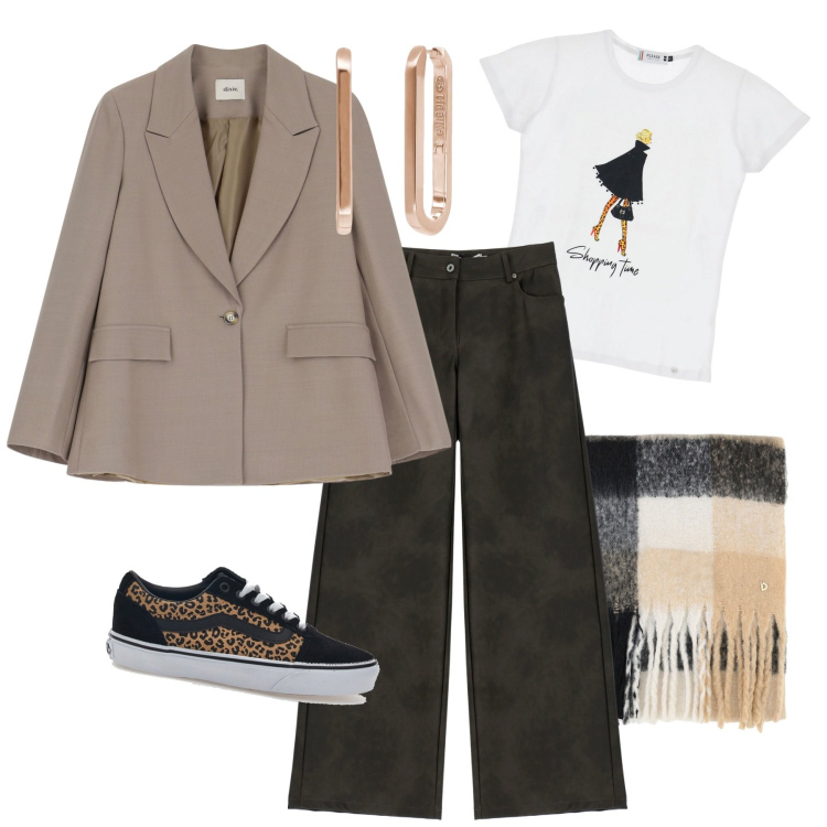 Outfit donna - Shopping time. Stile Casual per Tutti i giorni. Abbinamento con orecchini, pantaloni, t-shirt, blazer, stole, sneakers.