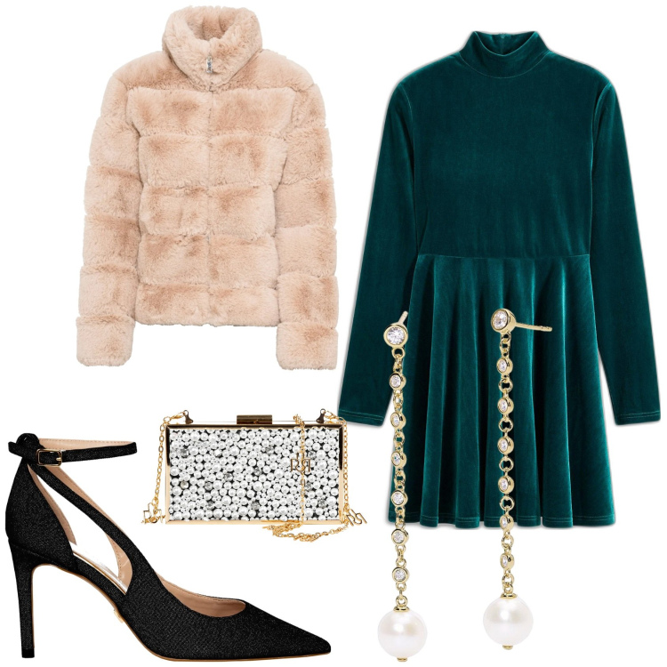 Outfit donna - Velluto verde. Stile Chic per Serata fuori. Abbinamento con ecopellicce, vestiti, orecchini, décolleté, pochette.
