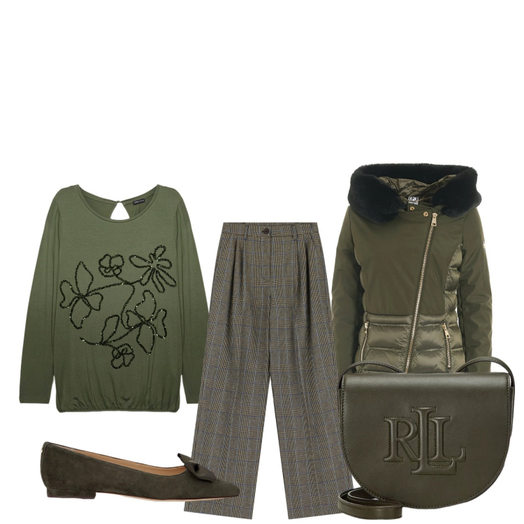 Outfit donna - Verde oliva. Stile Basic per Serata fuori. Abbinamento con blazer, pantaloni, ballerine, borse a tracolla, t-shirt.