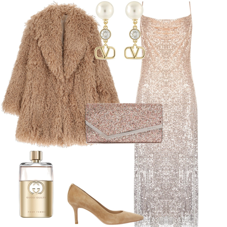 Outfit donna - Total look #2017762. Stile Bon Ton per Serata fuori. Abbinamento con profumi, vestiti lunghi, ecopellicce, décolleté, pochette, orecchini.