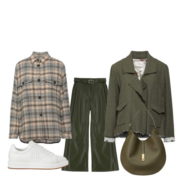 Outfit donna - Aperitivo tra colleghi. Stile Basic per Tutti i giorni. Abbinamento con camicie, blazer, pantaloni, sneakers, borse a spalla.