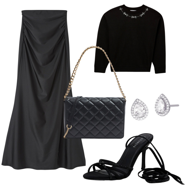 Outfit donna - Terranova feste Natalizie. Stile Glamour per Serata fuori. Abbinamento con gonne lunghe, felpe, sandali alla schiava, borse a tracolla, orecchini.