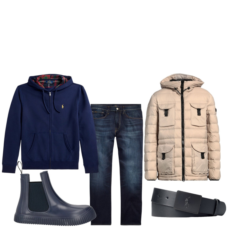 Outfit uomo - Non temo il freddo. Stile Urban per Tutti i giorni. Abbinamento con stivali e stivaletti, piumini, jeans dritti, cinture, felpe con cappuccio.