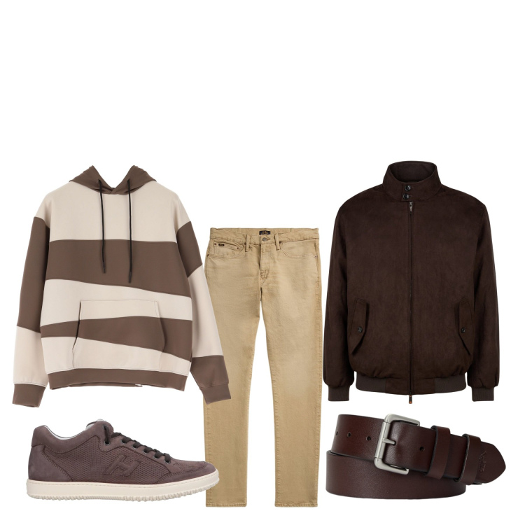 Outfit uomo - Caffè e latte. Stile Urban per Tutti i giorni. Abbinamento con sneakers, felpe con cappuccio, jeans, cinture, giacche.