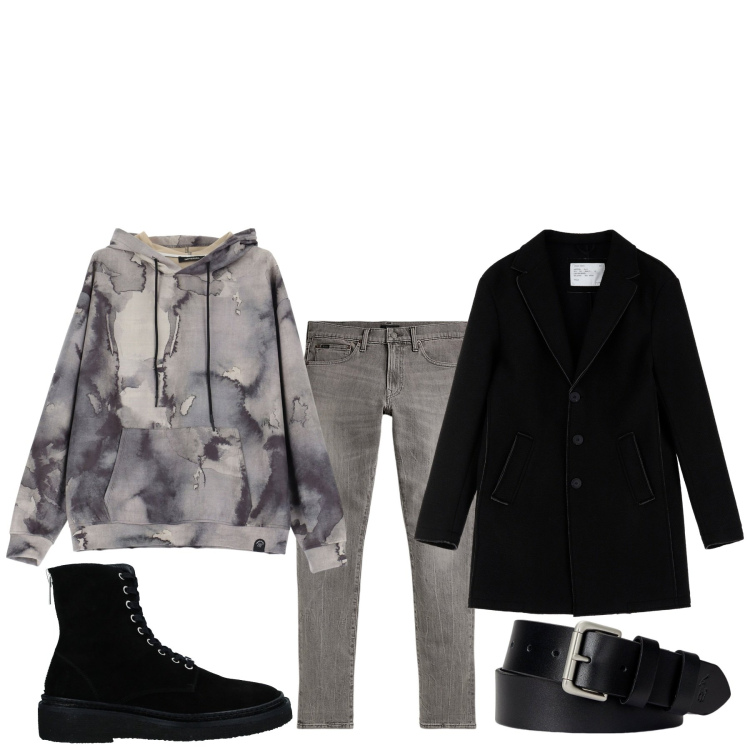Outfit uomo - Sbiadita. Stile Urban per Tutti i giorni. Abbinamento con stivali e stivaletti, felpe con cappuccio, cappotti, cinture, jeans.