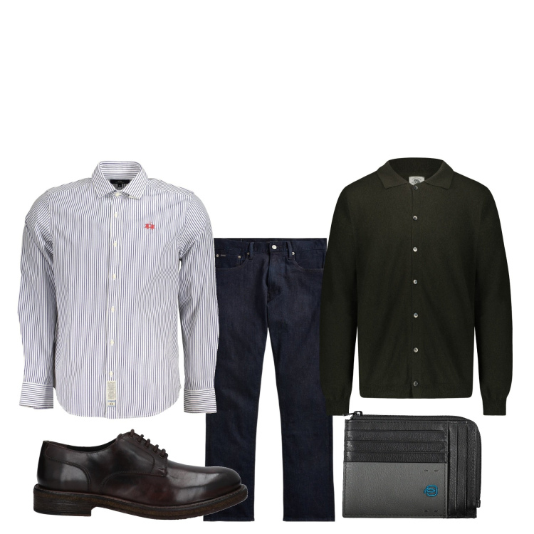 Outfit uomo - Pausa caffè. Stile Casual per Ufficio. Abbinamento con scarpe stringate, jeans dritti, polo, camicie, portafogli.