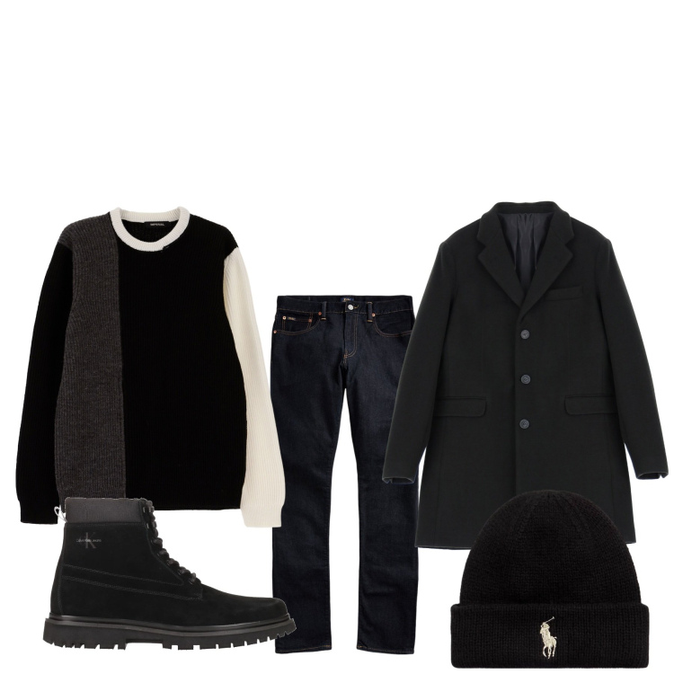 Outfit uomo - Maglia tricolore. Stile Urban per Tutti i giorni. Abbinamento con stivali e stivaletti, maglieria, cappotti, jeans, berretti.