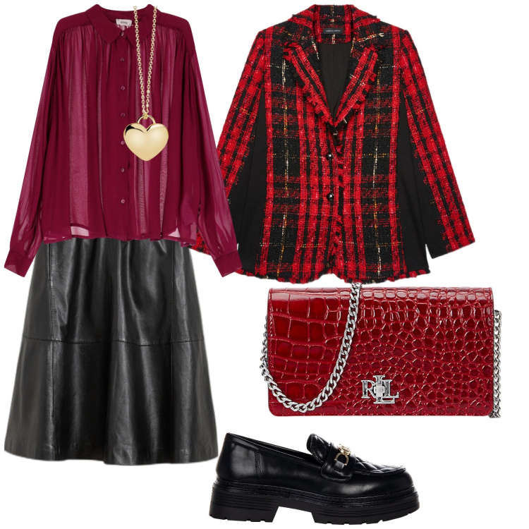 Outfit donna - Ufficio. per Ufficio. Abbinamento con gonne, collane, mocassini, camicie, borse a mano, blazer.