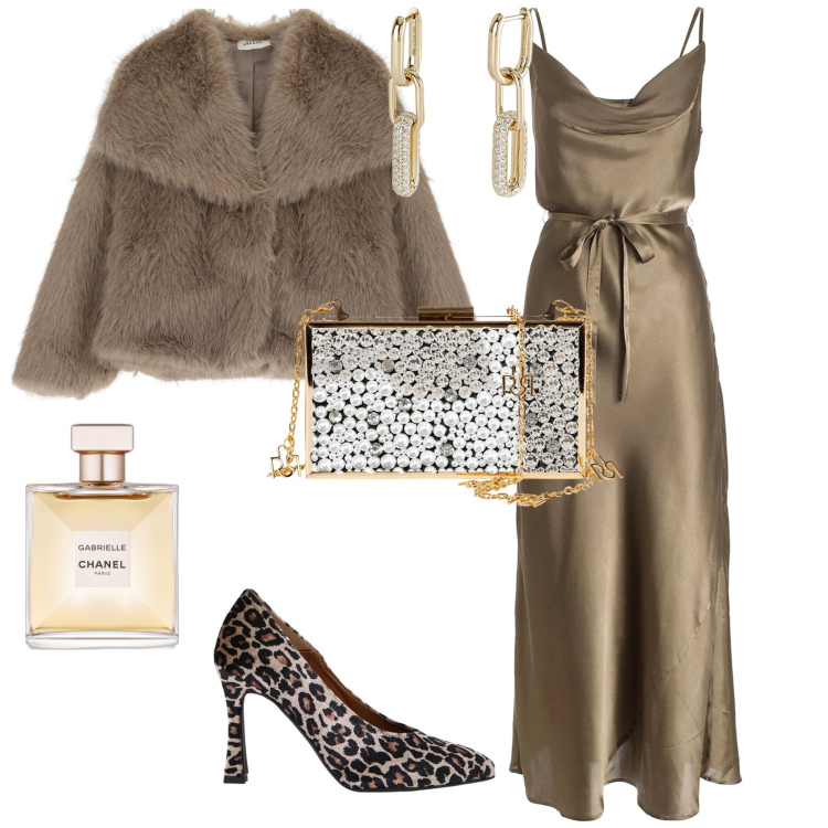 Outfit donna - Total look #2017794. Stile Bon Ton per Serata fuori. Abbinamento con profumi, orecchini, pochette, vestiti lunghi, décolleté, ecopellicce.