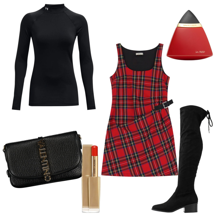 Outfit donna - Lo scamiciato rosso scozzese. Stile Trendy per Tutti i giorni. Abbinamento con stivali sopra il ginocchio, profumi, rossetti, vestiti corti, pullovers, borse a tracolla.