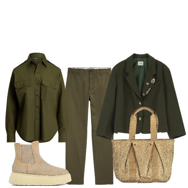 Outfit donna - Tono su tono. Stile Basic per Tutti i giorni. Abbinamento con pantaloni chino, camicie, blazer, stivaletti, borse a spalla.