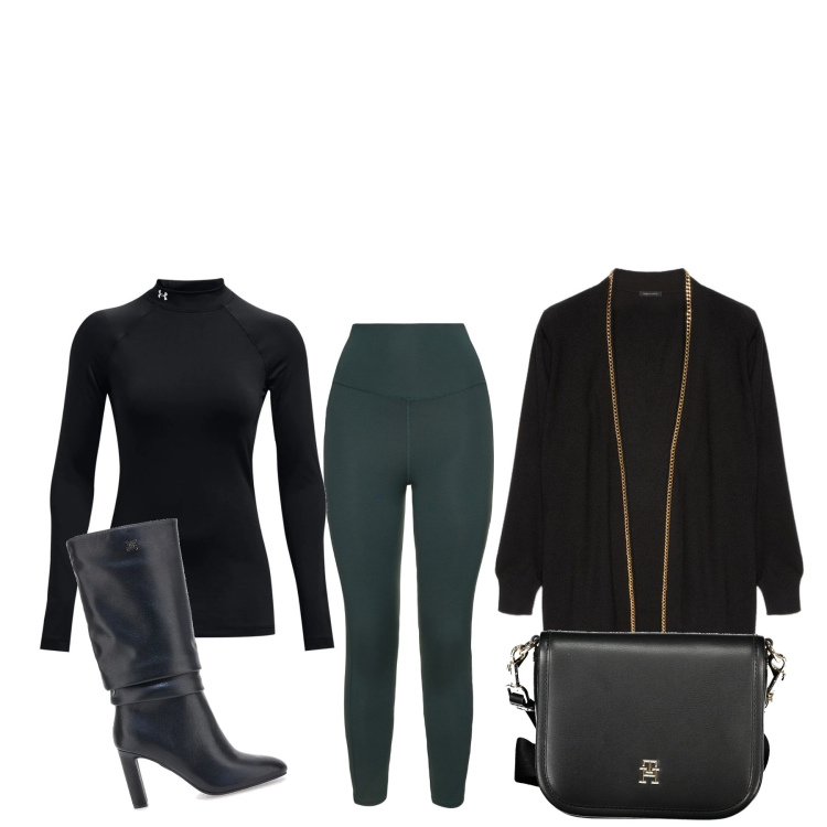 Outfit donna - In viaggio. Stile Glamour per Tutti i giorni. Abbinamento con pullovers, stivali, cardigans, borse a tracolla, leggings.