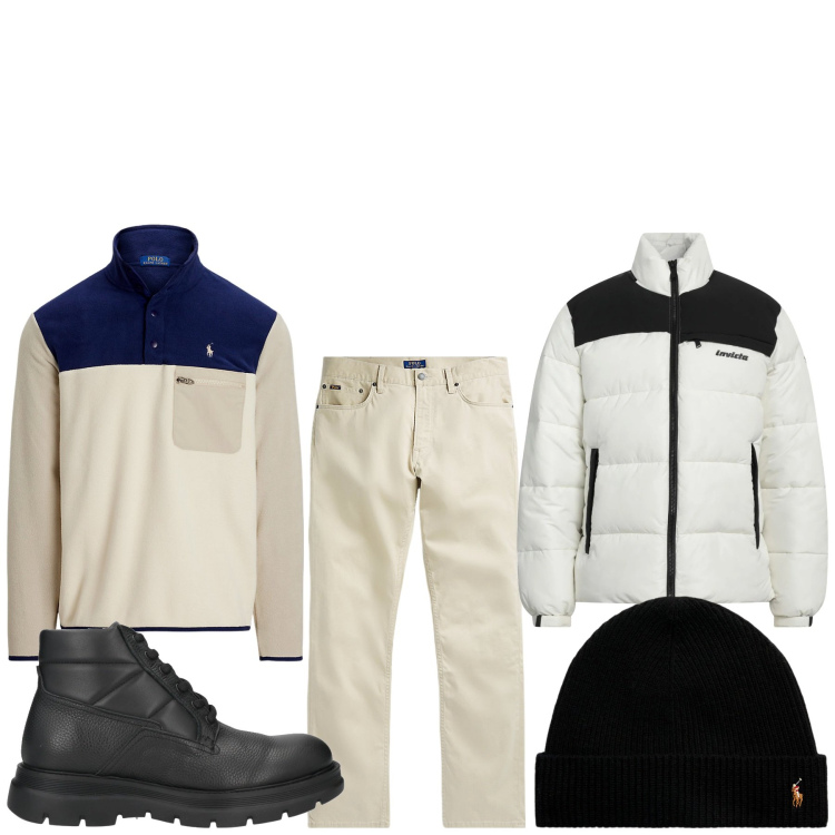 Outfit uomo - La prima neve. Stile Urban per Tutti i giorni. Abbinamento con stivali e stivaletti, piumini, berretti, pantaloni, pullovers.