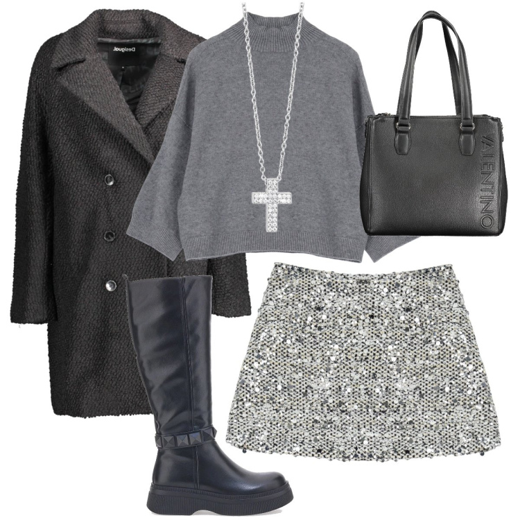Outfit donna - Minigonna in paillettes. Stile Casual chic per Serata fuori. Abbinamento con collane, pullovers, minigonne, stivali sopra il ginocchio, cappotti, borse a spalla.