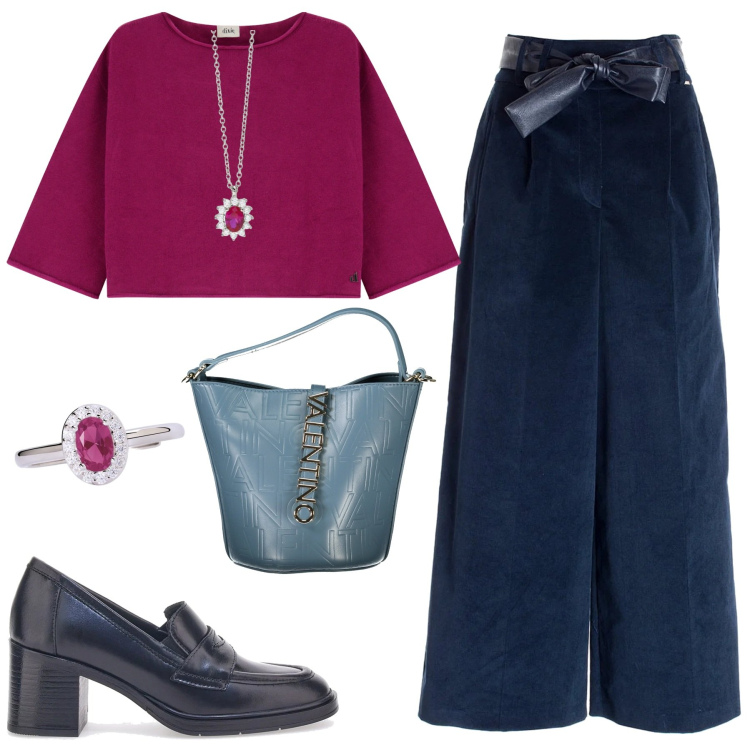 Outfit donna - Fucsia. Stile Glamour per Serata fuori. look ideale per Petite. Abbinamento con collane, anelli, maglieria, pantaloni culotte, mocassini, borse a mano.