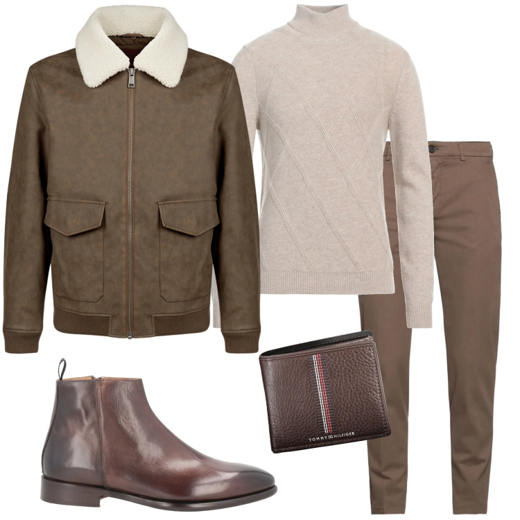 Outfit uomo - In città. Stile Urban per Ufficio. Abbinamento con pantaloni, stivali e stivaletti, maglieria, giacche, portafogli.