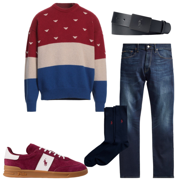 Outfit uomo - Con gli amici. Stile Casual per Serata speciale. Abbinamento con pullovers, jeans, calzini, cinture, sneakers.