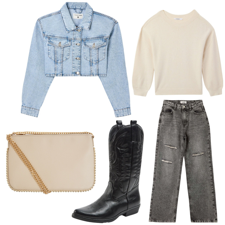 Outfit donna - Total look #2017870. Stile Casual per Tutti i giorni. Abbinamento con blazer, jeans strappati, borse a tracolla, stivali, maglieria.