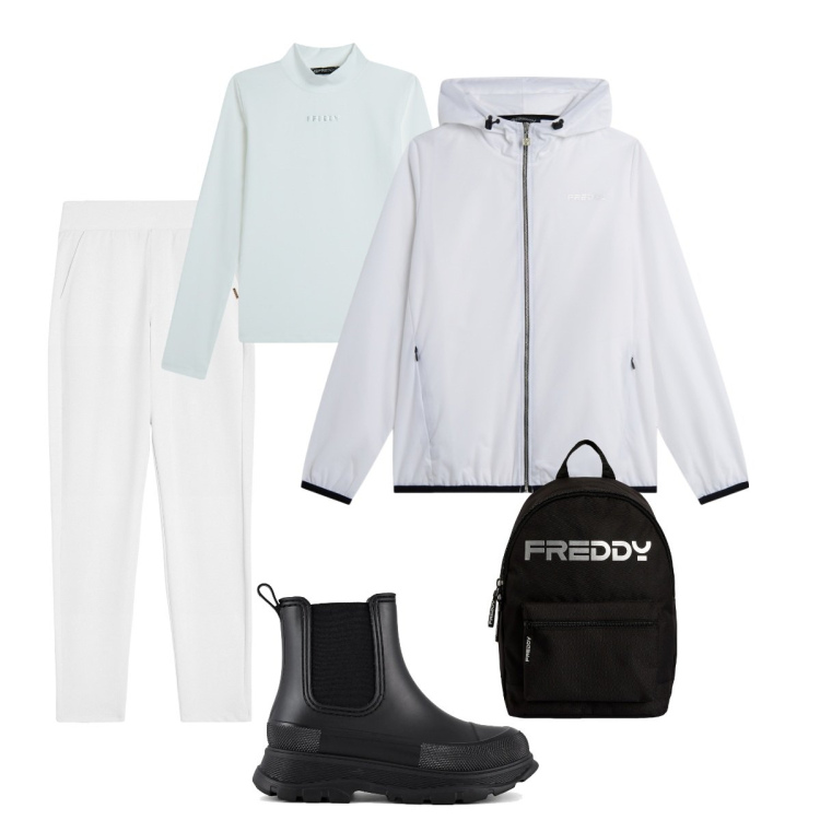 Outfit donna - Bianco sportivo. Stile Sporty chic per Tutti i giorni. Abbinamento con maglieria, blazer, pantaloni, zaini, stivali.