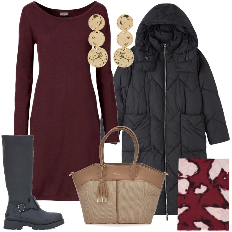 Outfit donna - Bordeaux. Stile Bon Ton per Ufficio. Abbinamento con vestiti lunghi, blazer, stole, stivali, orecchini, borse tote.