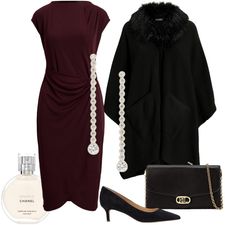 Outfit donna - Sopra la 50-Ralph Lauren. Stile Chic per Serata fuori. Abbinamento con profumi, vestiti, cappe, décolleté, borse a tracolla, orecchini.