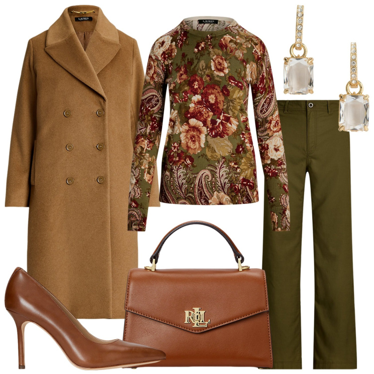 Outfit donna - Incontro lavorativo. Stile Glamour per Ufficio. Abbinamento con borse a mano, pantaloni, cappotti, orecchini, décolleté, maglieria.