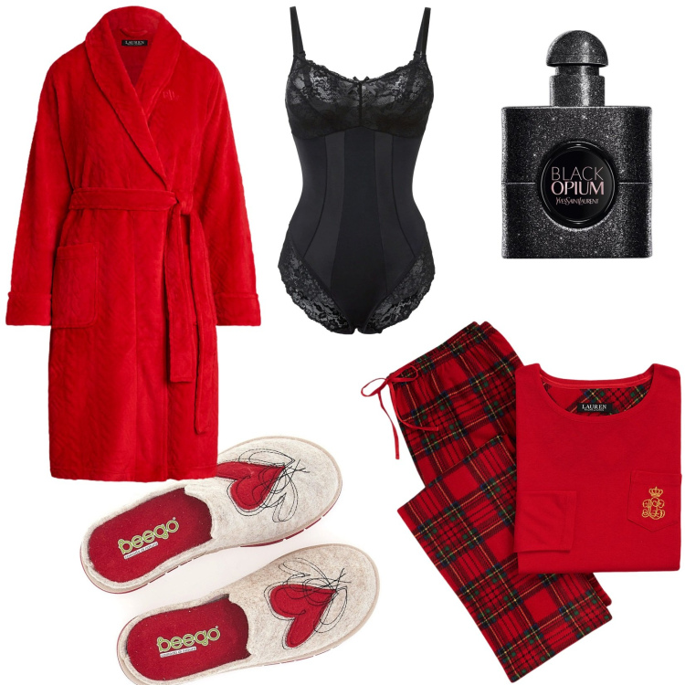 Outfit donna - Idee regalo per Natale. Stile Basic per Tutti i giorni. Abbinamento con body, profumi, shorts, pigiama, vestaglie, pantofole.