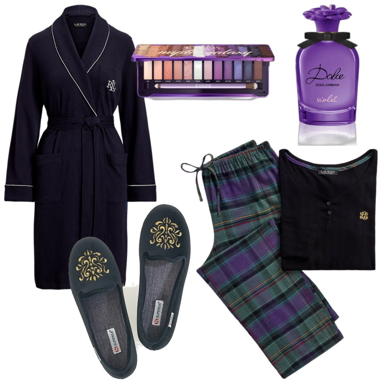 Outfit donna - Idee regalo per Natale. Stile Basic per Tutti i giorni. Abbinamento con ombretti, profumi, vestaglie, pigiama, pantofole, shorts.