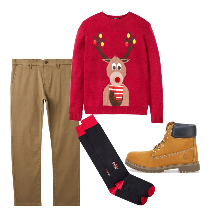 Outfit uomo - Dicembre. Stile Casual per Tutti i giorni. Abbinamento con maglieria, pantaloni chino, stivali e stivaletti, calzini.