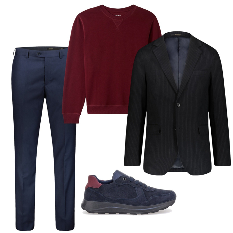 Outfit uomo - Blu e borgogna. Stile Business/Elegante per Ufficio. Abbinamento con felpe, scarpe stringate, giacche, pantaloni.