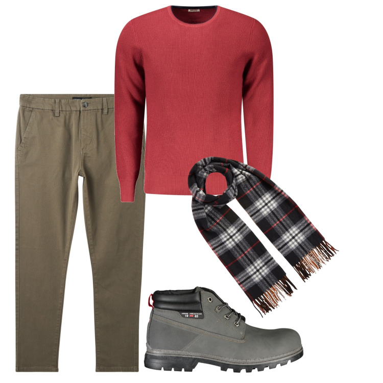Outfit uomo - Dicembre. Stile Casual per Tutti i giorni. Abbinamento con pantaloni chino, sciarpe, stivali, maglieria.