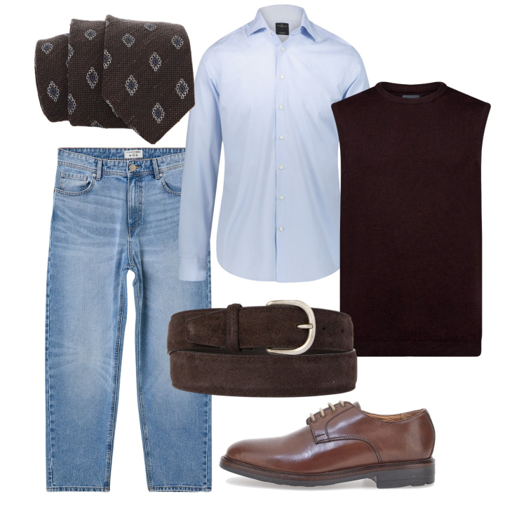 Outfit uomo - Eleganza anche in jeans. Stile Trendy per Serata speciale. Abbinamento con jeans, cravatte, camicie, scarpe stringate, gilet, cinture.