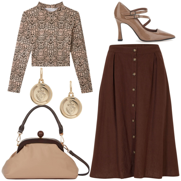 Outfit donna - Glamour chic. Stile Glamour Abbinamento con gonne longuette, t-shirt, orecchini, décolleté, clutch.