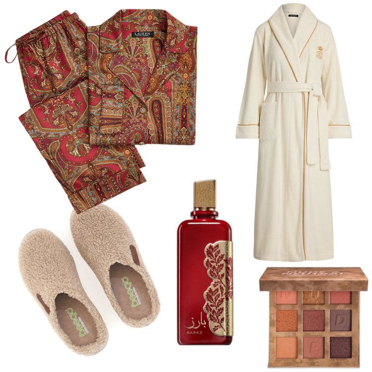 Outfit donna - Idee regalo per Natale. Stile Basic per Tutti i giorni. Abbinamento con profumi, ombretti, pigiama, vestaglie, pantofole, shorts.