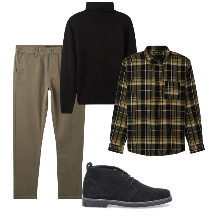 Outfit uomo - Layering dicembre. Stile Trendy per Tutti i giorni. Abbinamento con camicie, pantaloni chino, maglieria, scarpe stringate.