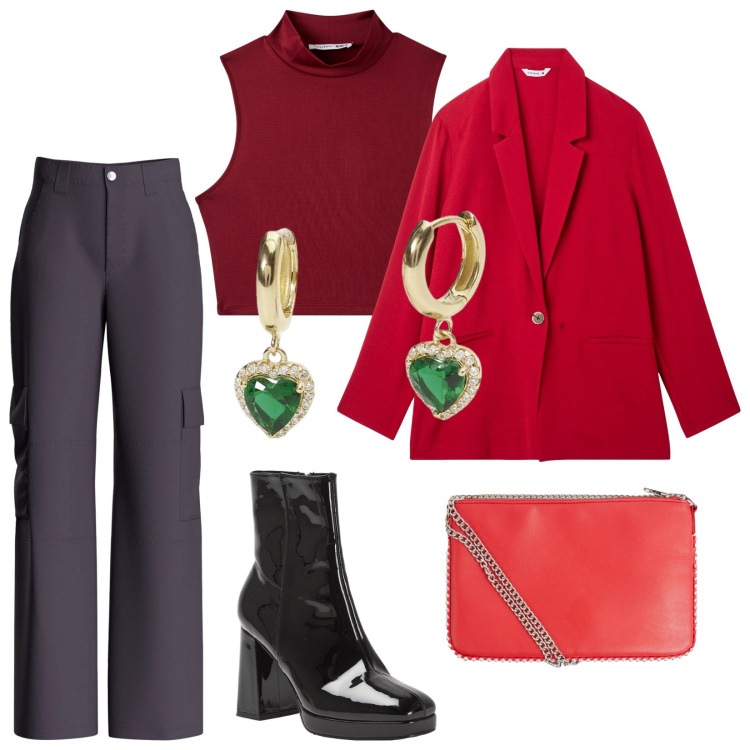 Outfit donna - Terranova Christmas style. Stile Trendy per Serata fuori. Abbinamento con blazer, borse a tracolla, pantaloni cargo, stivaletti, top, orecchini.