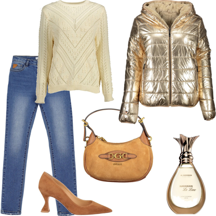 Outfit donna - Vaniglia. Stile Sporty chic per Tutti i giorni. Abbinamento con décolleté, profumi, jeans skinny, piumini, borse a spalla, maglieria.