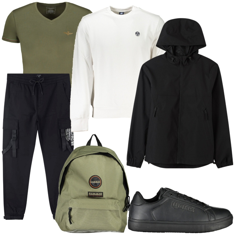 Outfit uomo - Outdoor Urban. Stile Urban per Tutti i giorni. Abbinamento con giacche, pantaloni cargo, sneakers, felpe, t-shirt, borse sportive.