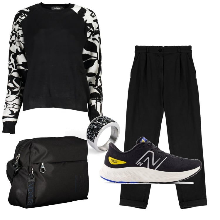 Outfit donna - Nero sportivo. Stile Urban per Sport. Abbinamento con anelli, sneakers, pantaloni chino, maglieria, borse a tracolla.